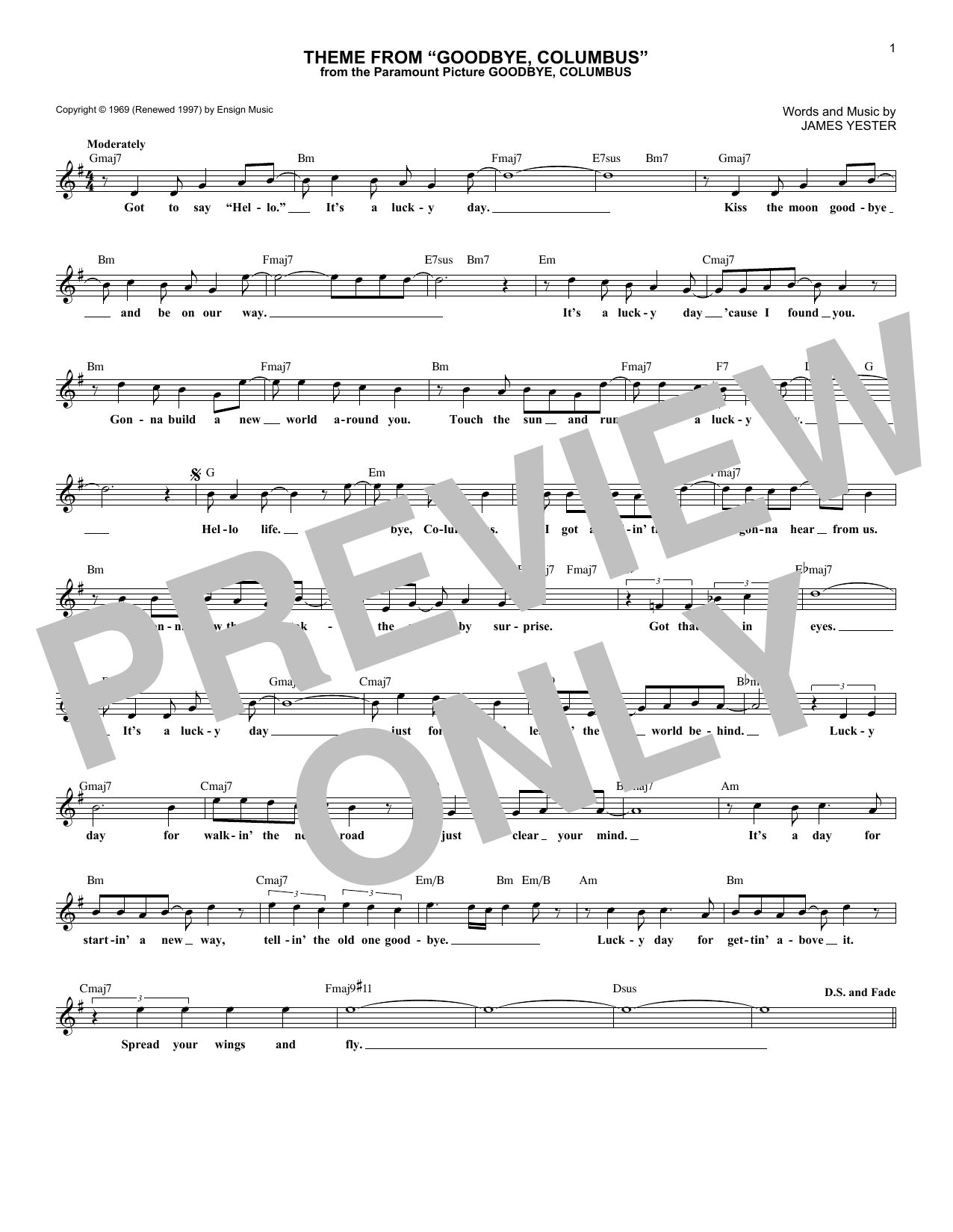 James Yester Theme From Goodbye Columbus Sheet Music Notes & Chords for Melody Line, Lyrics & Chords - Download or Print PDF