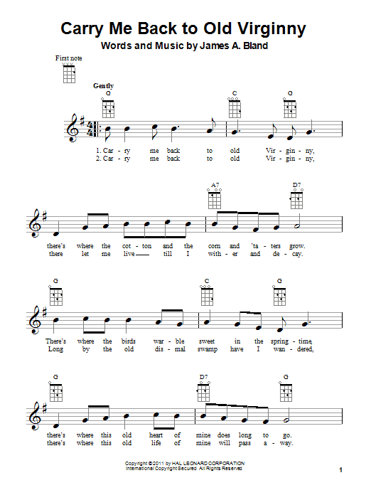 Preview James A. Bland Carry Me Back To Old Virginny Traditional sheet music, notes and chords for Piano & Vocal, SKU: 125420 Carry Me Back To Old Virginny sheet music