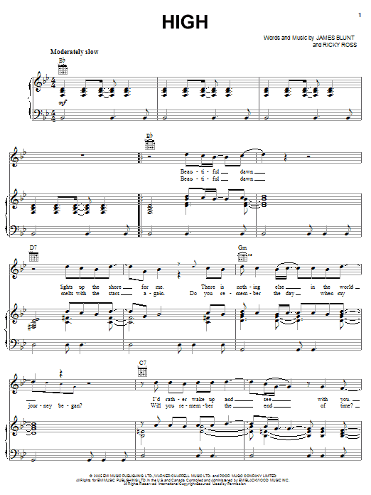 Preview James Blunt High Pop sheet music, notes and chords for Piano, Vocal & Guitar (Right-Hand Melody), SKU: 32992 High sheet music