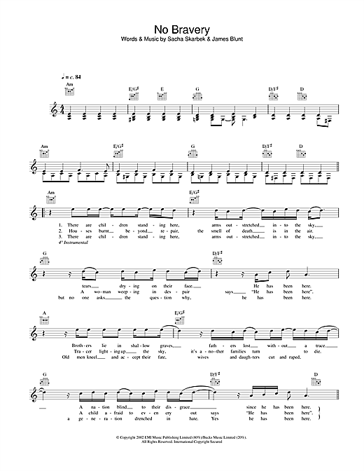 Preview James Blunt No Bravery Pop sheet music, notes and chords for Melody Line, Lyrics & Chords, SKU: 33933 No Bravery sheet music