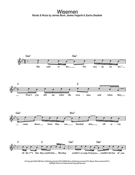 Preview James Blunt Wisemen Pop sheet music, notes and chords for Melody Line, Lyrics & Chords, SKU: 32851 Wisemen sheet music