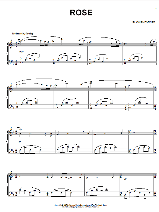 Preview James Horner Rose Film and TV sheet music, notes and chords for Piano, SKU: 18359 sheet music, piano notes, chords, guitar tabs, score, transpose, transcribe, how to play, guide, download, learn, tutorial, progression, song, artist, awards, billboard, mtv, vh1, tour, single, album, release