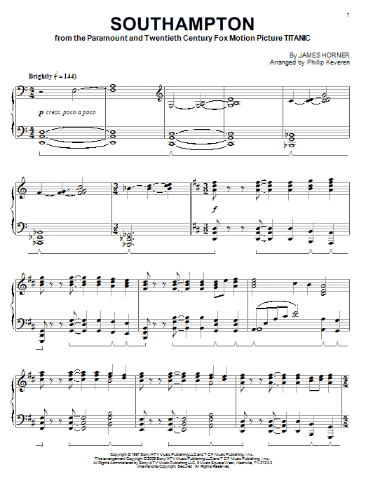 Preview James Horner Southampton Film and TV sheet music, notes and chords for Piano, SKU: 67918 Southampton sheet music