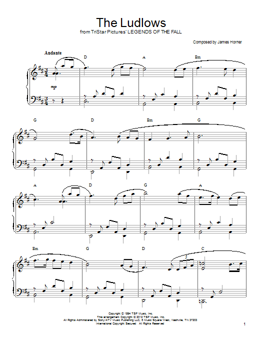 Preview James Horner The Ludlows Film and TV sheet music, notes and chords for Piano, SKU: 93942 The Ludlows sheet music