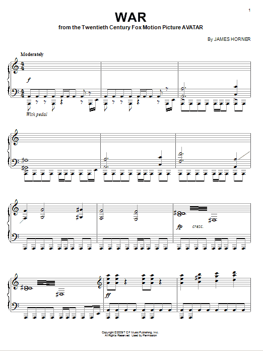 Preview James Horner War Film and TV sheet music, notes and chords for Piano, SKU: 73564 War sheet music