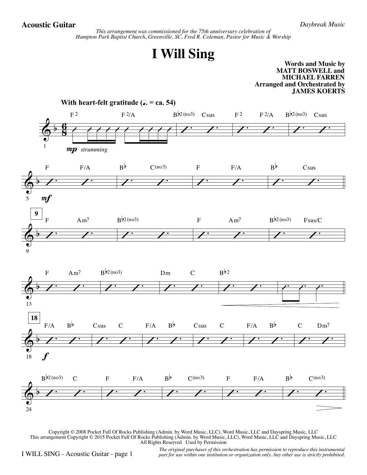 Preview James Koerts I Will Sing - Acoustic Guitar Sacred sheet music, notes and chords for Choir Instrumental Pak, SKU: 345123 I Will Sing - Acoustic Guitar sheet music
