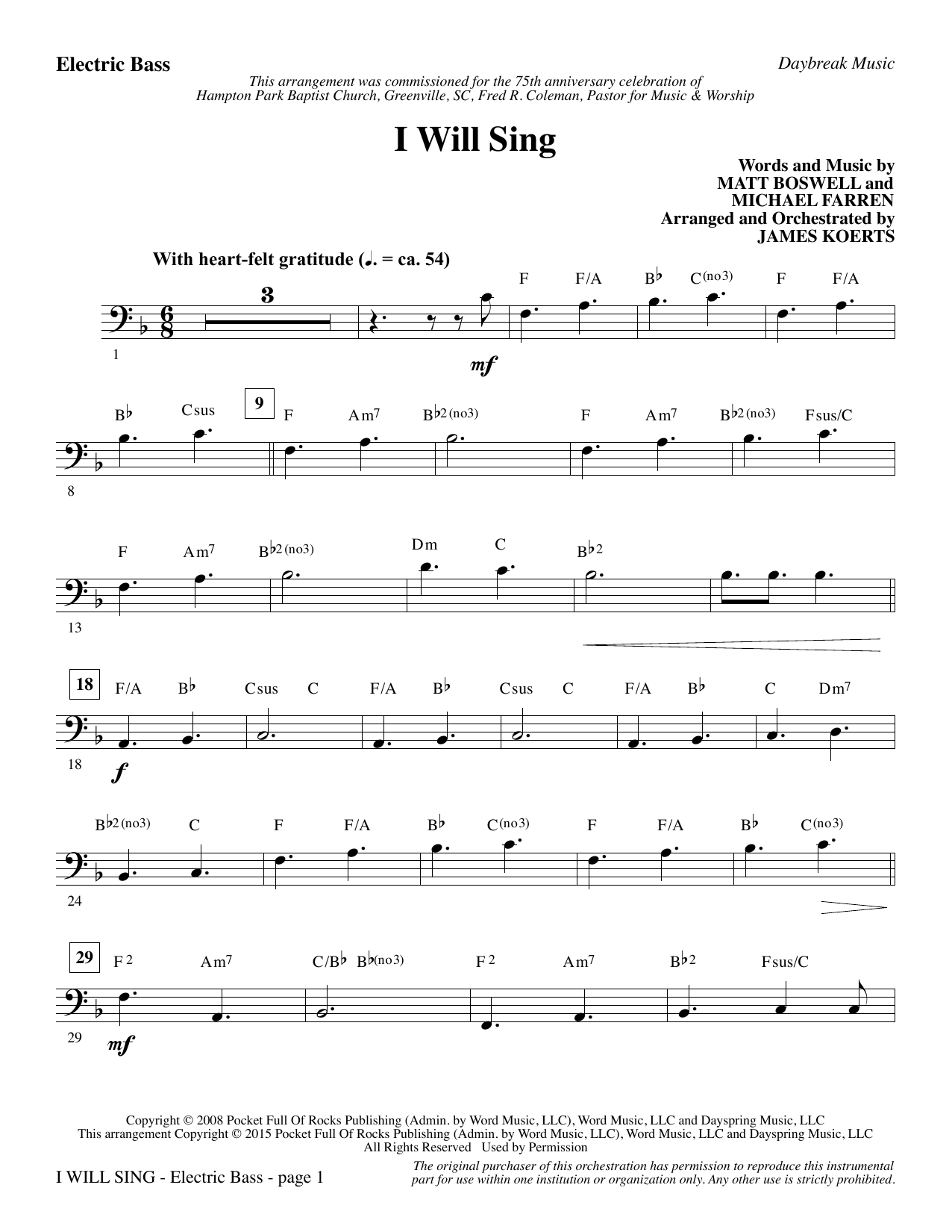 Preview James Koerts I Will Sing - Electric Bass Sacred sheet music, notes and chords for Choir Instrumental Pak, SKU: 345125 I Will Sing - Electric Bass sheet music