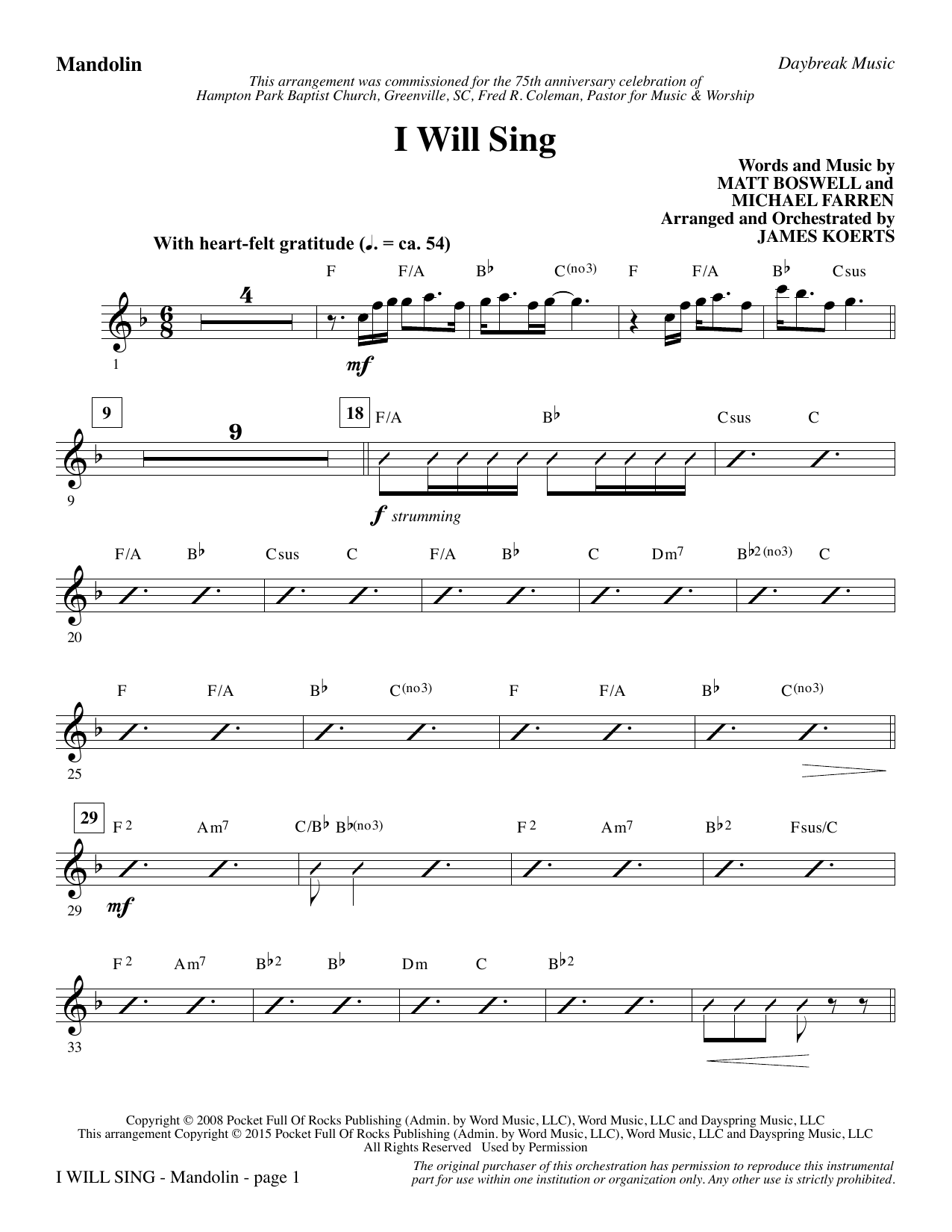 Preview James Koerts I Will Sing - Mandolin Sacred sheet music, notes and chords for Choir Instrumental Pak, SKU: 345124 I Will Sing - Mandolin sheet music