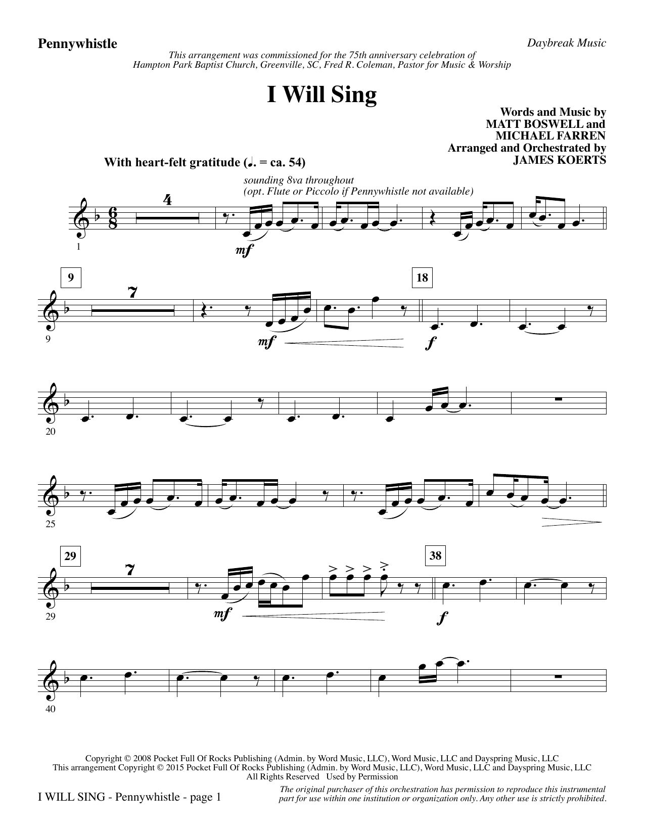 Preview James Koerts I Will Sing - Pennywhistle/Flute Sacred sheet music, notes and chords for Choir Instrumental Pak, SKU: 345120 I Will Sing - Pennywhistle/Flute sheet music