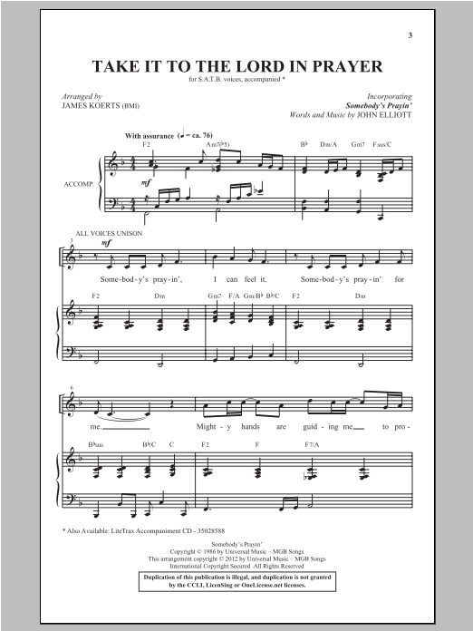 Preview James Koerts Take It To The Lord In Prayer (with Somebody's Prayin') Concert sheet music, notes and chords for SATB, SKU: 93828 Take It To The Lord In Prayer (with Somebody's Prayin') sheet music