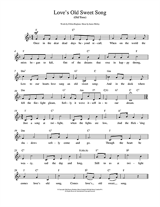 Preview James L. Molloy Love's Old Sweet Song Classics sheet music, notes and chords for Melody Line, Lyrics & Chords, SKU: 14677 sheet music, piano notes, chords, guitar tabs, score, transpose, transcribe, how to play, guide, download, learn, tutorial, progression, song, artist, awards, billboard, mtv, vh1, tour, single, album, release