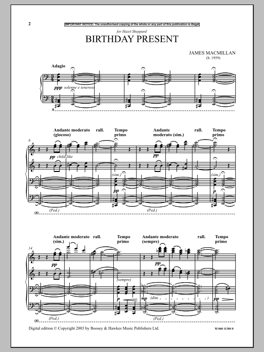 Preview James MacMillan Birthday Present Classical sheet music, notes and chords for Piano, SKU: 90311 Birthday Present sheet music