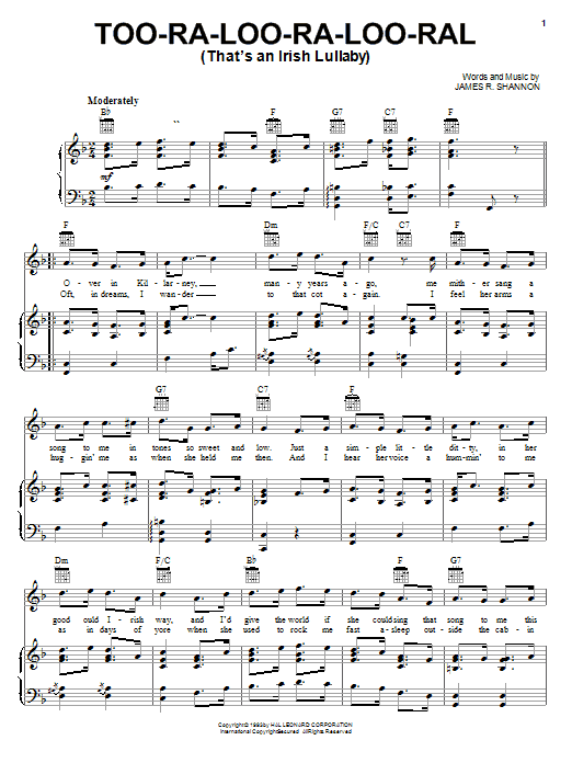 Preview James R. Shannon Too-Ra-Loo-Ra-Loo-Ral (That's An Irish Lullaby) World sheet music, notes and chords for Easy Piano, SKU: 71925 Too-Ra-Loo-Ra-Loo-Ral (That's An Irish Lullaby) sheet music