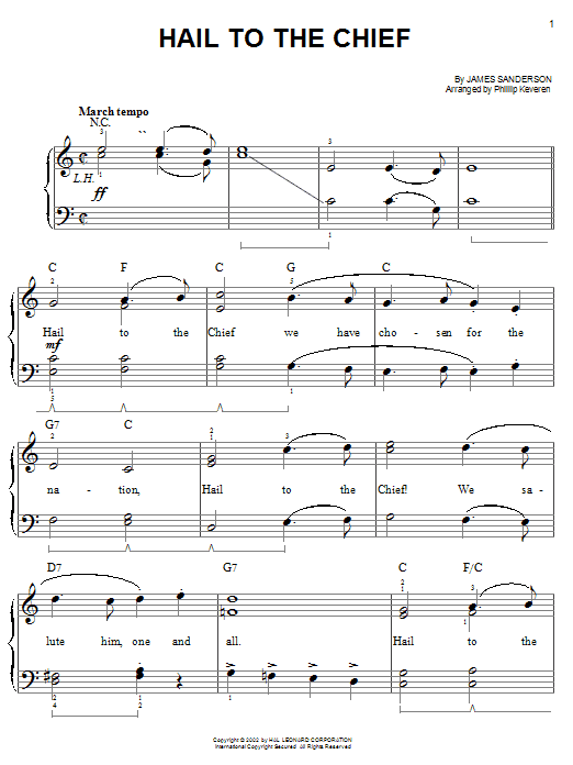 Preview James Sanderson Hail To The Chief American sheet music, notes and chords for Easy Piano, SKU: 50071 Hail To The Chief sheet music