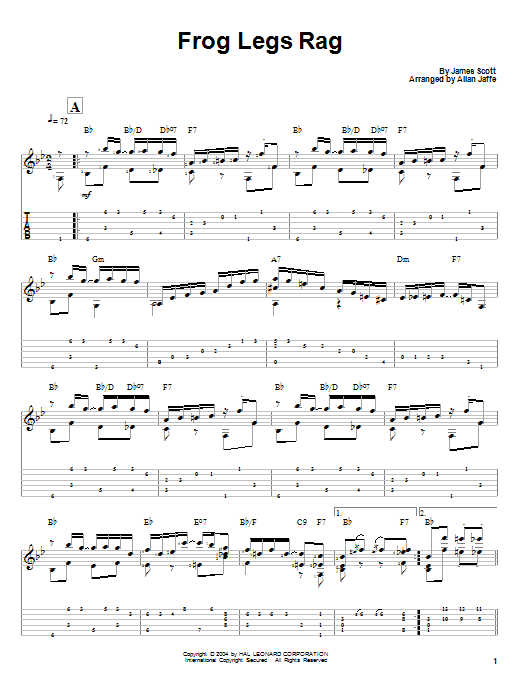 Preview James Scott Frog Legs Rag Jazz sheet music, notes and chords for Guitar Tab, SKU: 83532 Frog Legs Rag sheet music