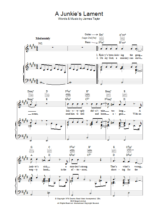 Preview James Taylor A Junkie's Lament Rock sheet music, notes and chords for Piano, Vocal & Guitar (Right-Hand Melody), SKU: 36615 A Junkie's Lament sheet music