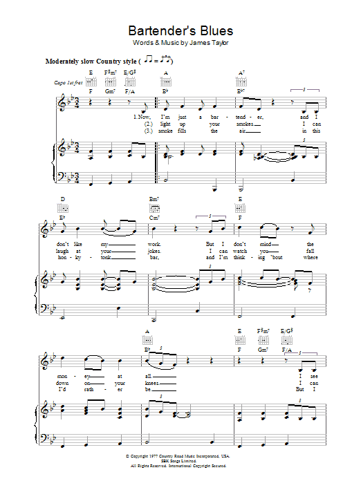 Preview James Taylor Bartender's Blues Rock sheet music, notes and chords for Piano, Vocal & Guitar (Right-Hand Melody), SKU: 36642 Bartender's Blues sheet music