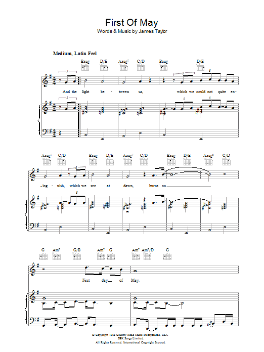 Preview James Taylor First Of May Rock sheet music, notes and chords for Piano, Vocal & Guitar, SKU: 36627 First Of May sheet music