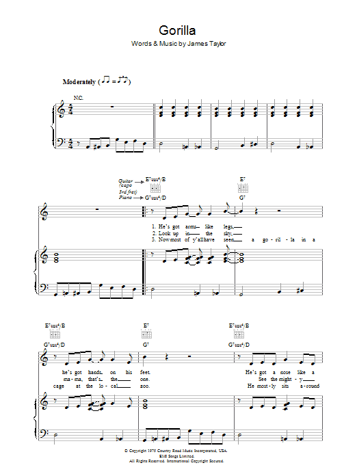 Preview James Taylor Gorilla Rock sheet music, notes and chords for Piano, Vocal & Guitar (Right-Hand Melody), SKU: 36626 Gorilla sheet music