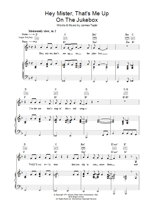 Preview James Taylor Hey Mister That's Me Up On The Jukebox Rock sheet music, notes and chords for Piano, Vocal & Guitar (Right-Hand Melody), SKU: 36623 Hey Mister That's Me Up On The Jukebox sheet music