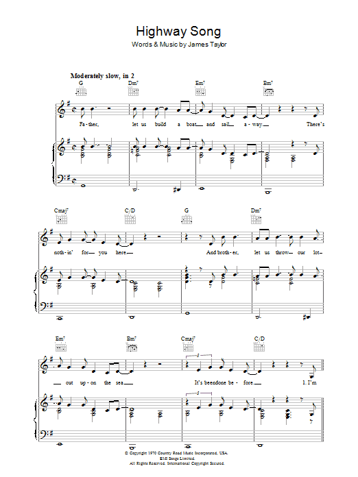 Preview James Taylor Highway Song Rock sheet music, notes and chords for Piano, Vocal & Guitar (Right-Hand Melody), SKU: 36617 Highway Song sheet music