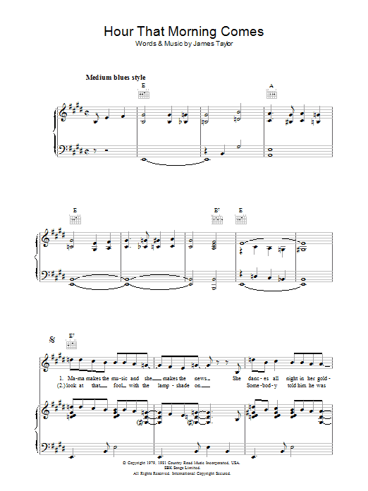 Preview James Taylor Hour That Morning Comes Rock sheet music, notes and chords for Piano, Vocal & Guitar (Right-Hand Melody), SKU: 36629 Hour That Morning Comes sheet music