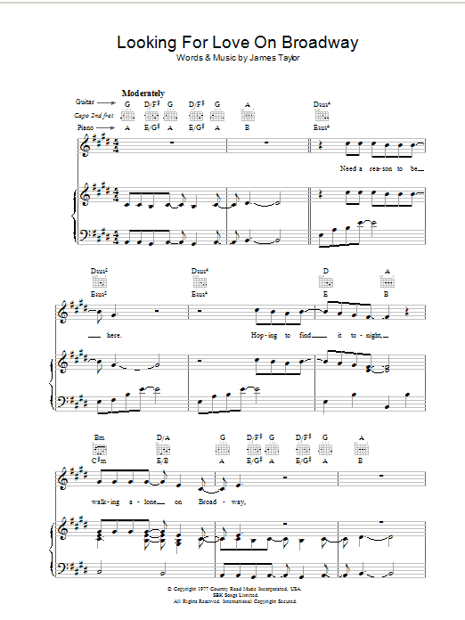 Preview James Taylor Looking For Love On Broadway Rock sheet music, notes and chords for Piano, Vocal & Guitar (Right-Hand Melody), SKU: 36596 Looking For Love On Broadway sheet music