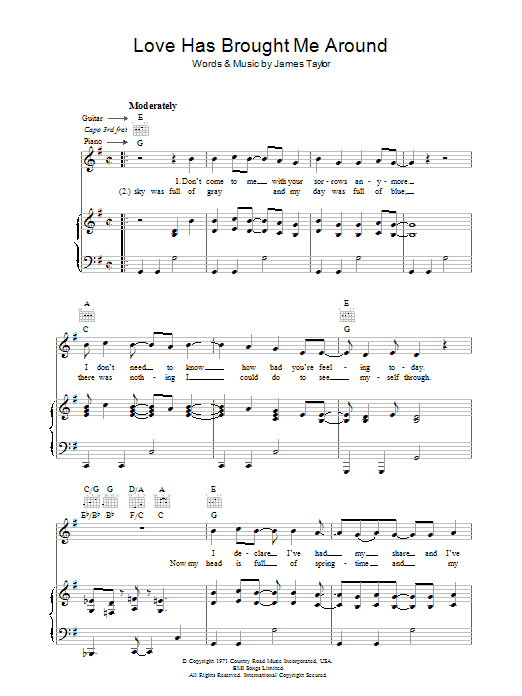 Preview James Taylor Love Has Brought Me Around Rock sheet music, notes and chords for Piano, Vocal & Guitar (Right-Hand Melody), SKU: 36602 Love Has Brought Me Around sheet music