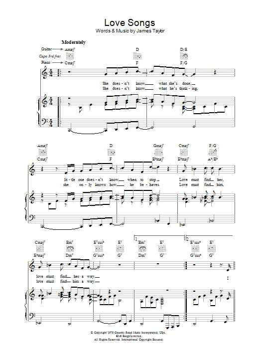 Preview James Taylor Love Songs Rock sheet music, notes and chords for Piano, Vocal & Guitar (Right-Hand Melody), SKU: 36597 Love Songs sheet music