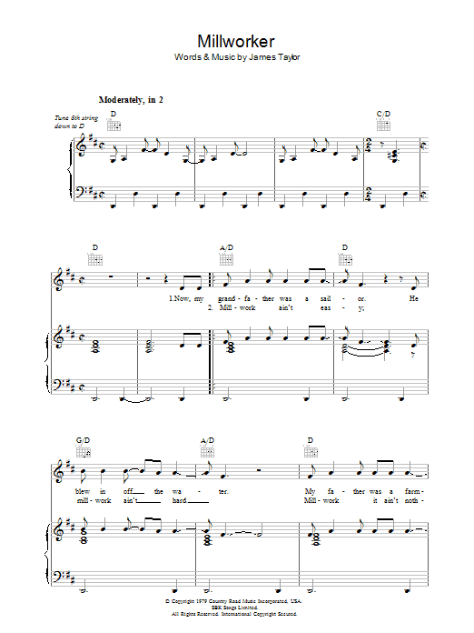 Preview James Taylor Millworker Rock sheet music, notes and chords for Piano, Vocal & Guitar (Right-Hand Melody), SKU: 36595 Millworker sheet music