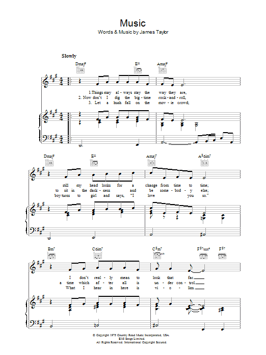Preview James Taylor Music Rock sheet music, notes and chords for Piano, Vocal & Guitar (Right-Hand Melody), SKU: 36606 Music sheet music