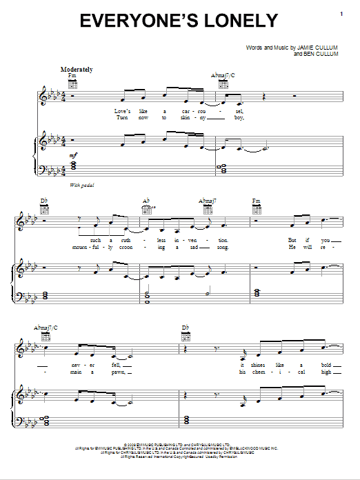 Jamie Cullum Everyone's Lonely Sheet Music Notes & Chords for Piano, Vocal & Guitar (Right-Hand Melody) - Download or Print PDF