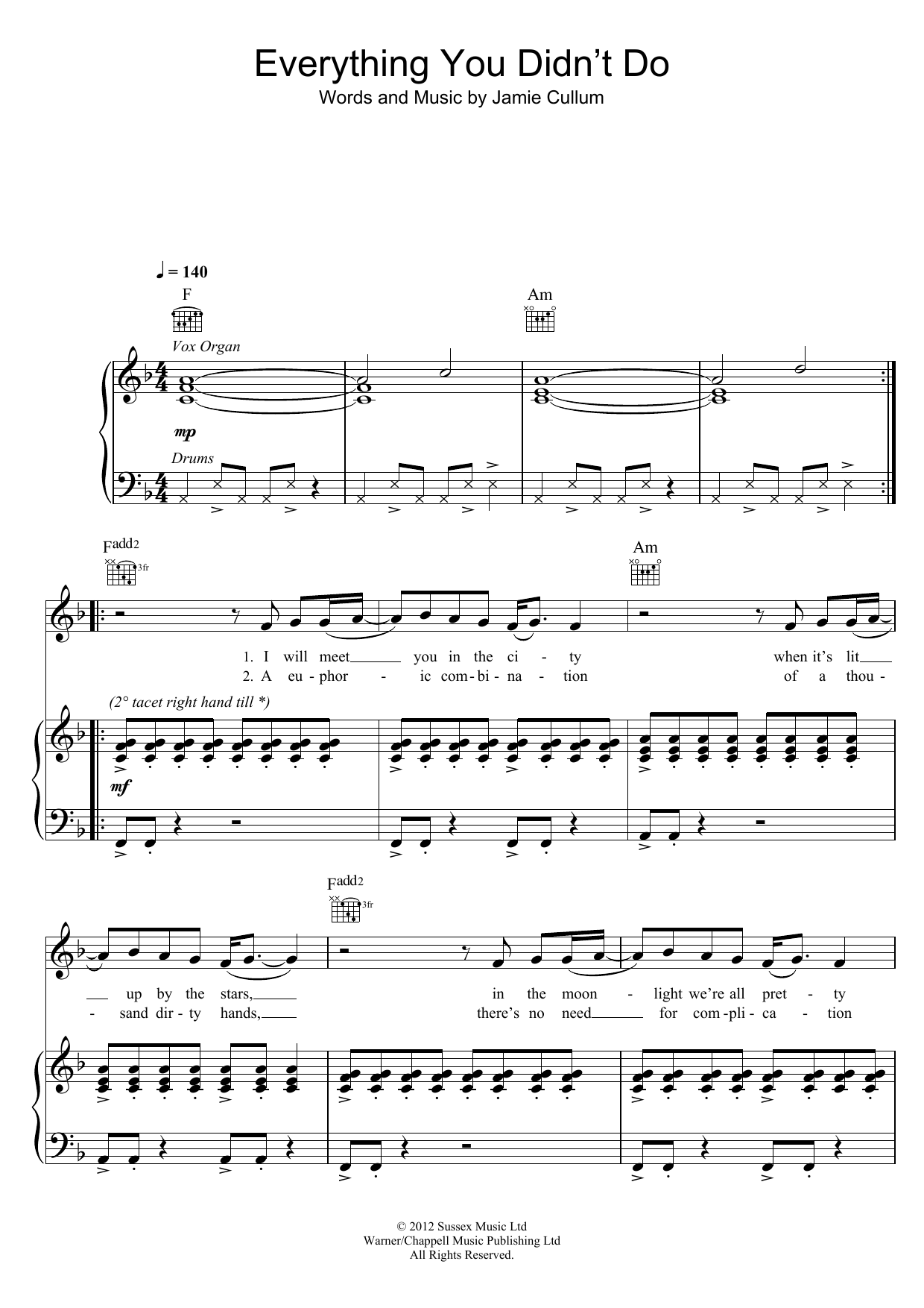 Jamie Cullum Everything You Didn't Do Sheet Music Notes & Chords for Piano, Vocal & Guitar (Right-Hand Melody) - Download or Print PDF