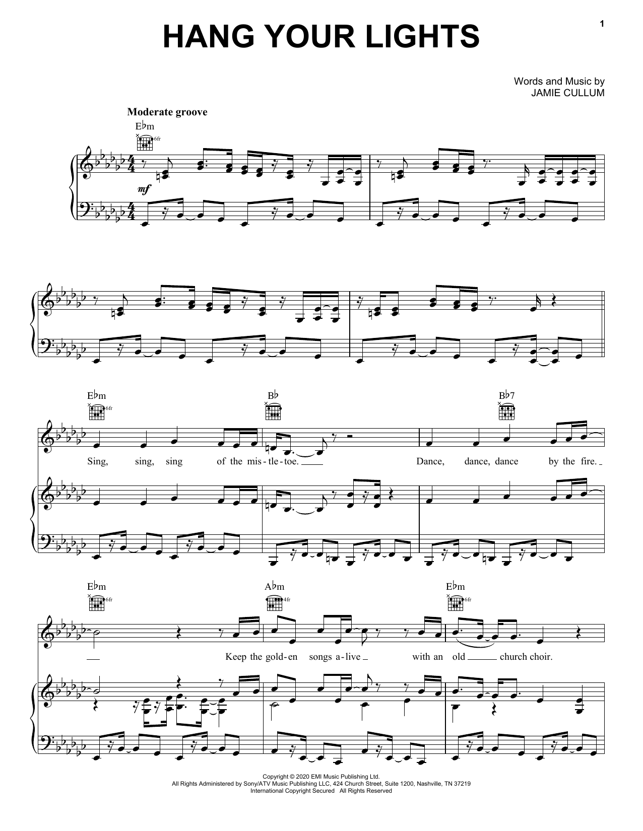 Jamie Cullum Hang Your Lights Sheet Music Notes & Chords for Piano, Vocal & Guitar (Right-Hand Melody) - Download or Print PDF