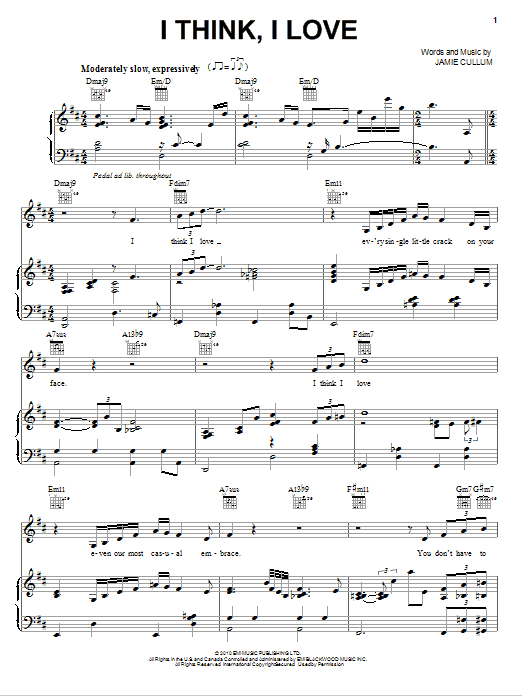 Jamie Cullum I Think, I Love Sheet Music Notes & Chords for Piano, Vocal & Guitar (Right-Hand Melody) - Download or Print PDF