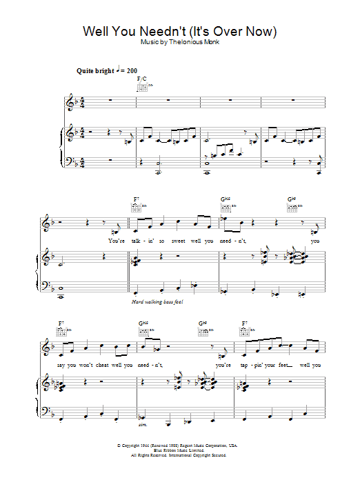 Jamie Cullum Well You Needn't (It's Over Now) Sheet Music Notes & Chords for Piano, Vocal & Guitar - Download or Print PDF