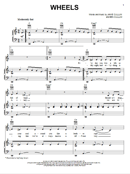 Jamie Cullum Wheels Sheet Music Notes & Chords for Piano, Vocal & Guitar (Right-Hand Melody) - Download or Print PDF