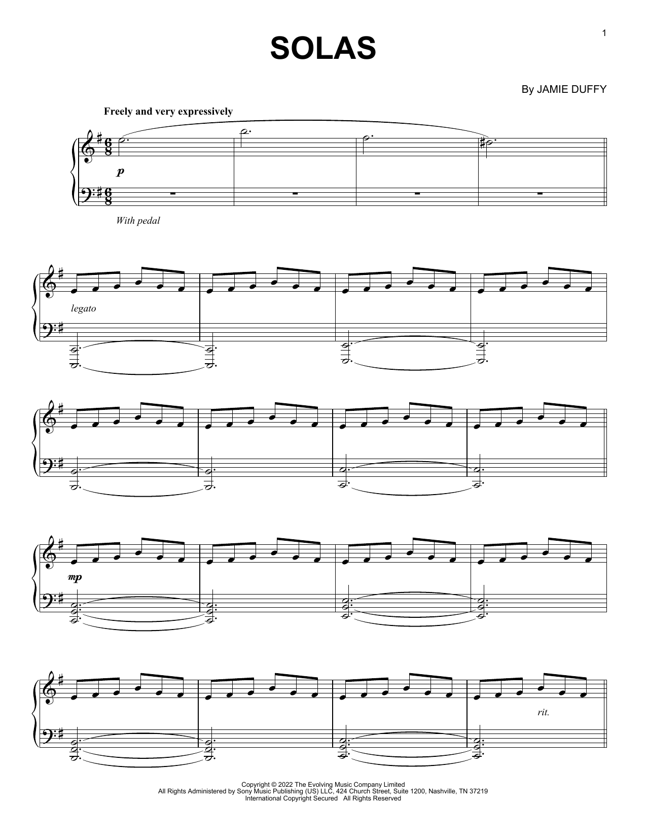 Jamie Duffy Solas Sheet Music Notes & Chords for Piano Solo - Download or Print PDF