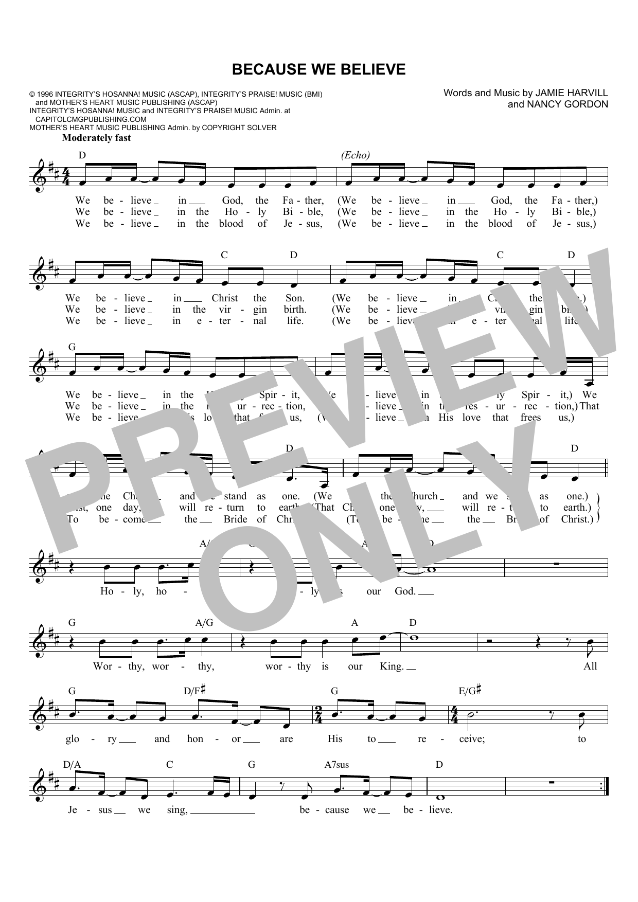 Jamie Harvill Because We Believe Sheet Music Notes & Chords for Melody Line, Lyrics & Chords - Download or Print PDF