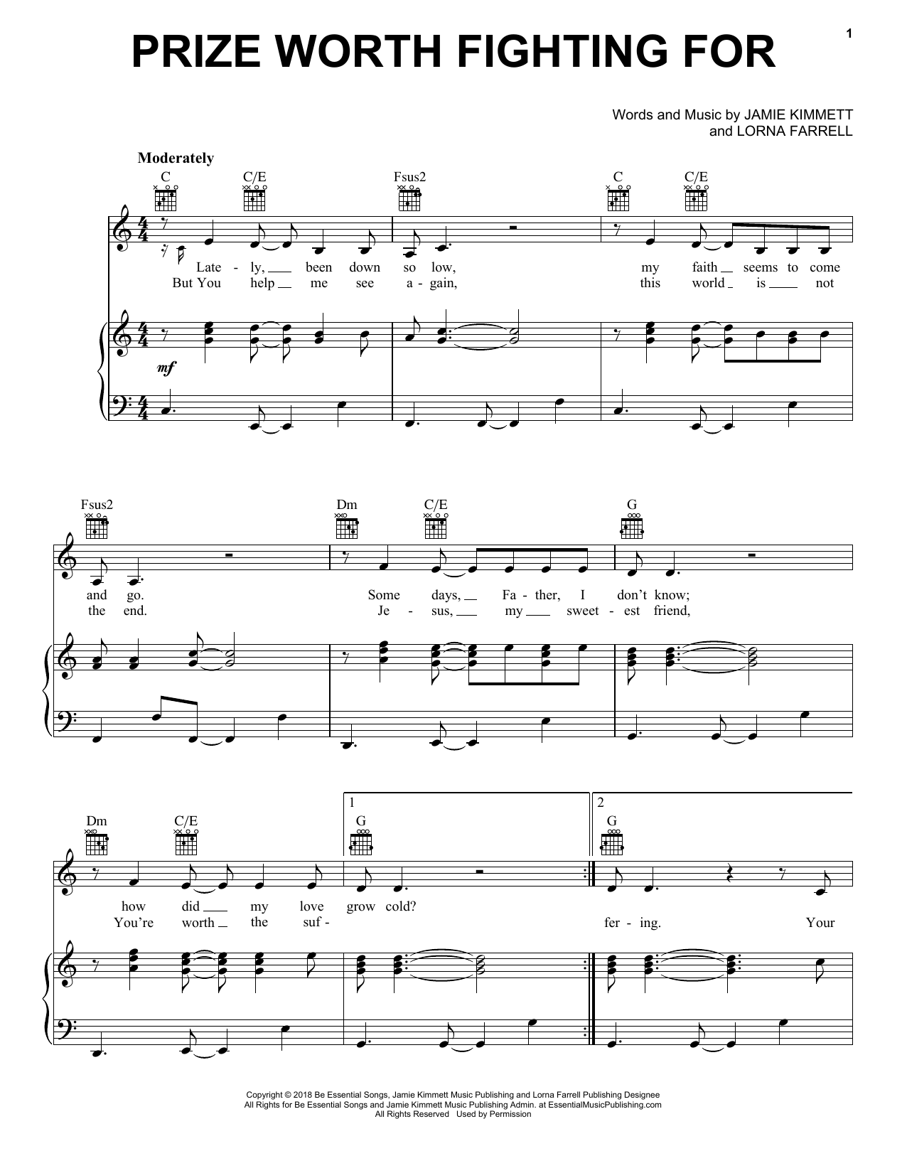 Jamie Kimmett Prize Worth Fighting For Sheet Music Notes & Chords for Piano, Vocal & Guitar (Right-Hand Melody) - Download or Print PDF