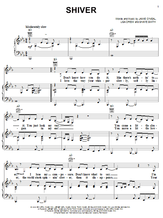 Jamie O'Neal Shiver Sheet Music Notes & Chords for Piano, Vocal & Guitar (Right-Hand Melody) - Download or Print PDF