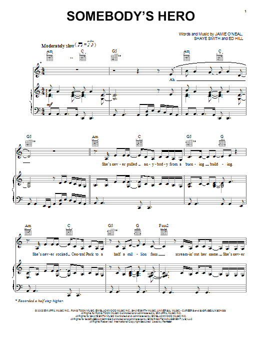 Jamie O'Neal Somebody's Hero Sheet Music Notes & Chords for Piano, Vocal & Guitar (Right-Hand Melody) - Download or Print PDF