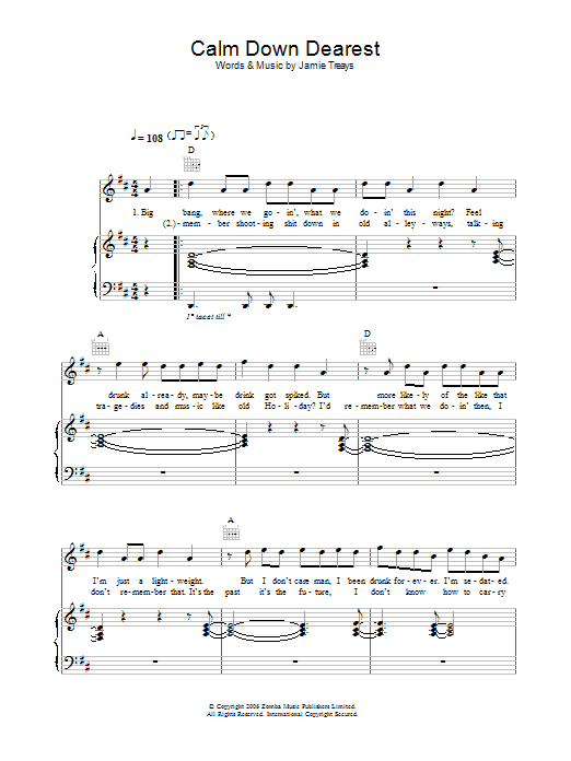 Jamie T Calm Down Dearest Sheet Music Notes & Chords for Piano, Vocal & Guitar - Download or Print PDF