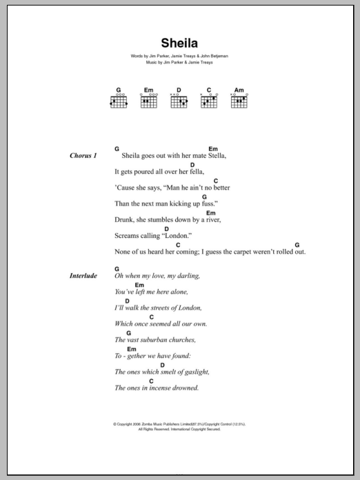 Jamie T Sheila Sheet Music Notes & Chords for Lyrics & Piano Chords - Download or Print PDF