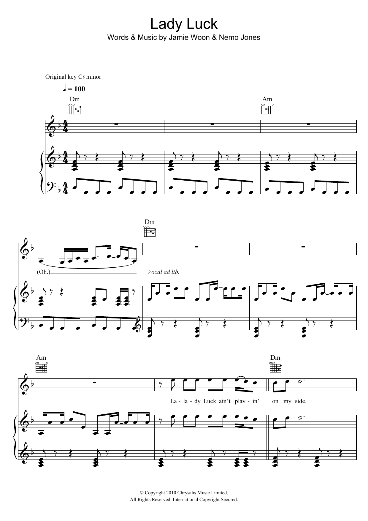 Jamie Woon Lady Luck Sheet Music Notes & Chords for Piano, Vocal & Guitar (Right-Hand Melody) - Download or Print PDF