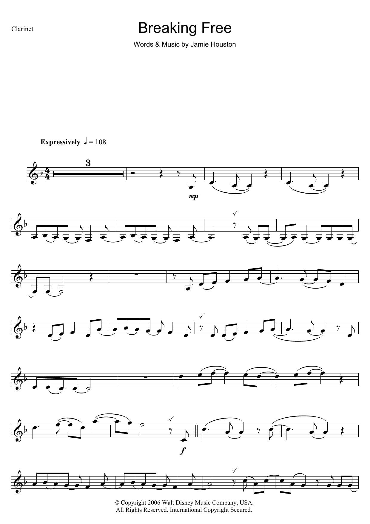 Preview Jamie Houston Breaking Free (from High School Musical) Children sheet music, notes and chords for Clarinet, SKU: 48359 Breaking Free (from High School Musical) sheet music