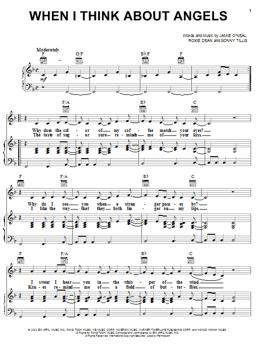 Preview Jamie O'Neal When I Think About Angels Pop sheet music, notes and chords for Piano, Vocal & Guitar (Right-Hand Melody), SKU: 18024 When I Think About Angels sheet music