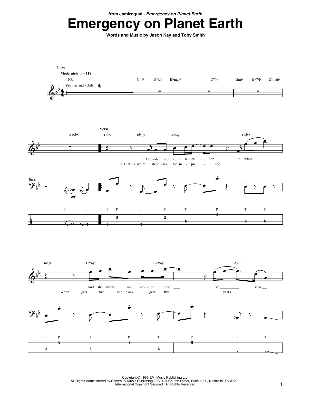 Jamiroquai Emergency On Planet Earth Sheet Music Notes & Chords for Bass Guitar Tab - Download or Print PDF