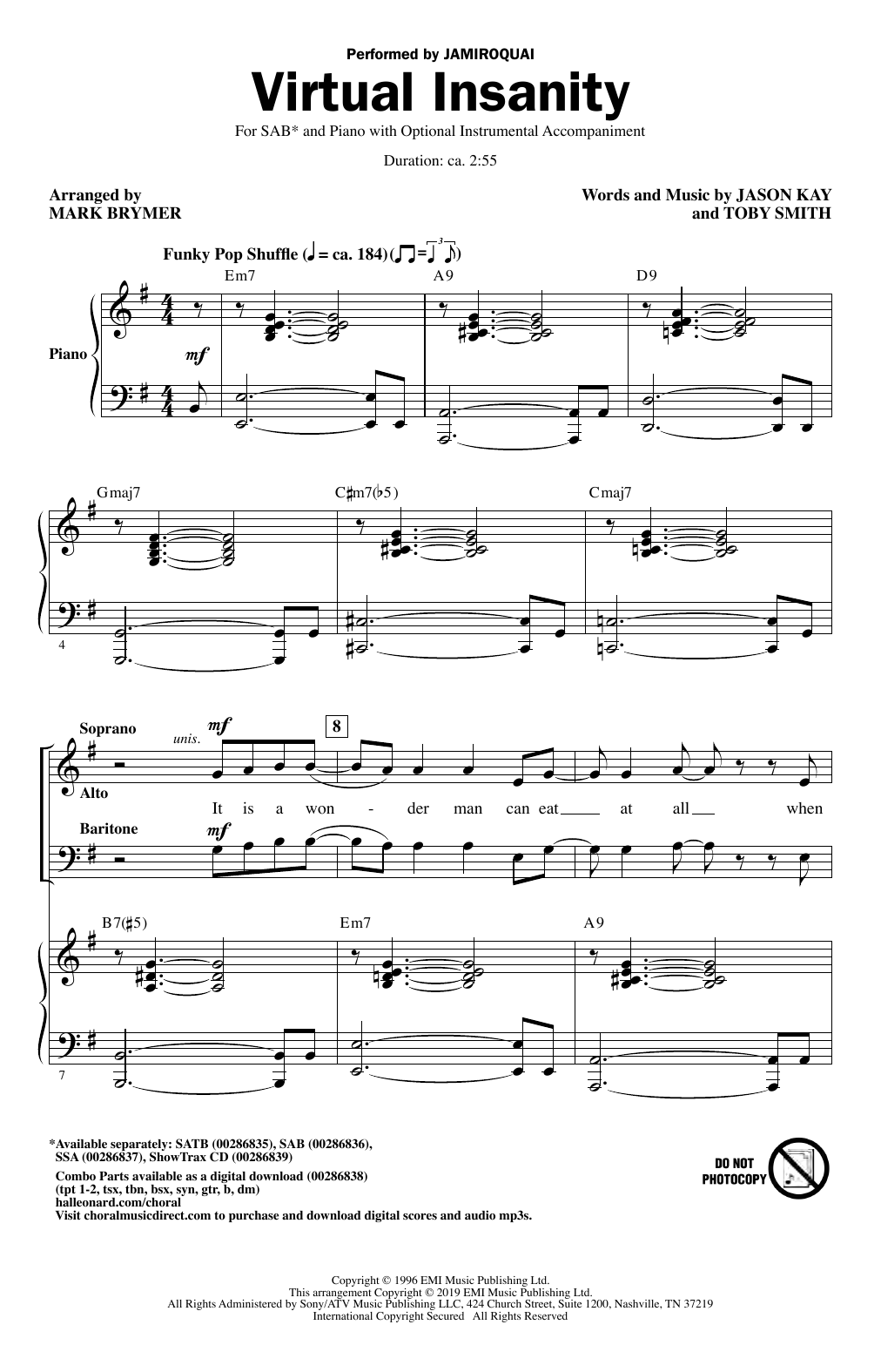 Jamiroquai Virtual Insanity (arr. Mark Brymer) Sheet Music Notes & Chords for SATB Choir - Download or Print PDF