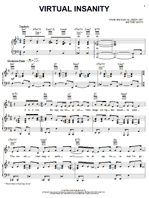 Jamiroquai Virtual Insanity Sheet Music Notes & Chords for Piano, Vocal & Guitar (Right-Hand Melody) - Download or Print PDF